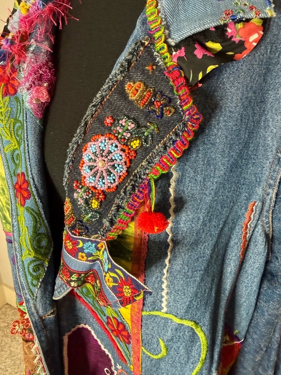 AMBER STUDIOS One Of A Kind Denim Jean Maxi Coat Duster Art To Wear Boho Large - Picture 5 of 16